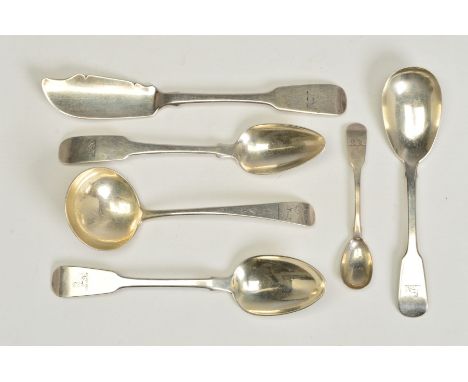 A SMALL PARCEL OF IRISH SILVER FLATWARE AND CUTLERY, all engraved with crests comprising an Old English pattern sauce ladle, 