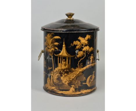 A FIRST HALF 20TH CENTURY CHINOISERIE TOLEWARE COAL BOX AND COVER, of cylindrical form, fitted with removable liner, height 3