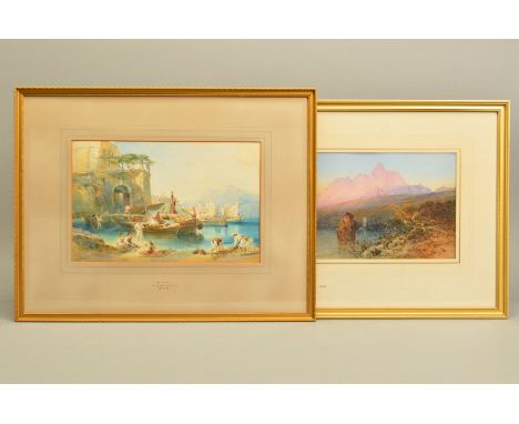 ATTRIBUTED TO WILLIAM LEIGHTON LEITCH (SCOTTISH 1804-1883), 'Sorrento' harbour scene with figures, watercolour, unsigned, car