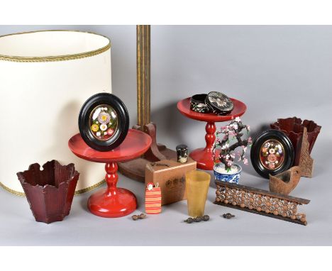 A BOX OF TREEN, LACQUER, A HORN BEAKER, etc, including a pair of red lacquered comports, a pair of oval shell pictures, toget