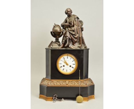 A LATE 19TH CENTURY BLACK SLATE MANTEL CLOCK, with bronze surmount in the form of a late 18th Century gentleman seated beside