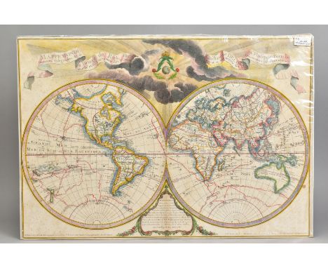 MAPPEMONDE, AFTER GUILLAUME DELISLE AND PHILIPPE BUACHE, circa 1800, later coloured and mounted onto card, approximately 46cm