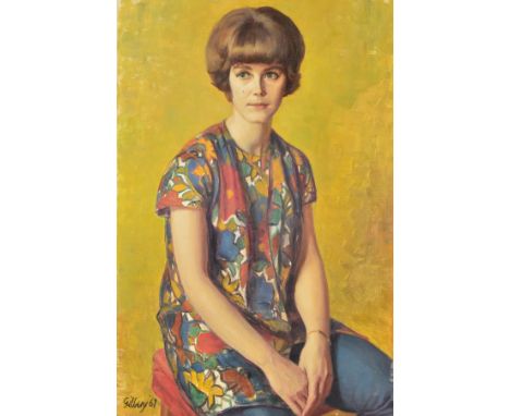 MICHAEL GILBERY (BRITISH 1913-2000), a half length portrait of a seated young woman wearing a flowery blouse, oil on canvas, 