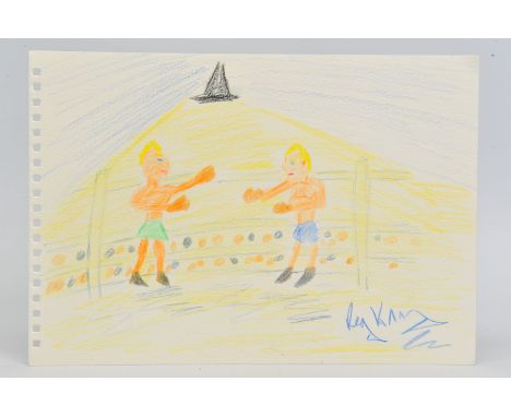 REGGIE KRAY (1933-2000), a crayon drawing of a boxing match under a spotlight (Ronnie and Reggie ?), signed lower right, unfr