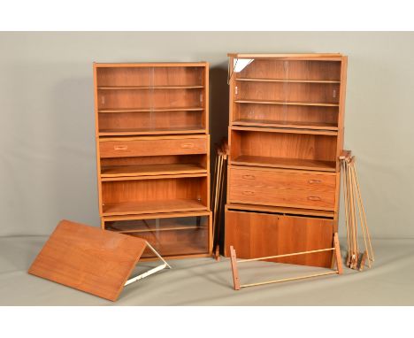 PREBEND SORENSEN, A PS DANISH TEAK MODULAR HANG AND HIDE SHELVING SYSTEM, comprising of a fall front cupboard section, glazed