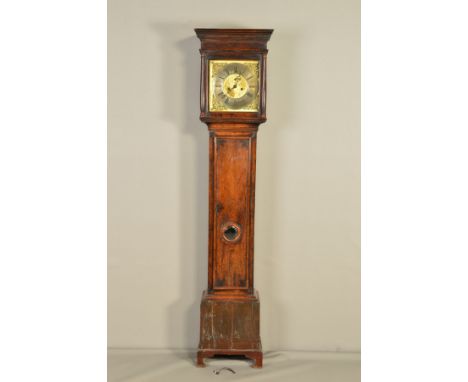 AN 18TH CENTURY WALNUT, PAINTED AND STAINED LONGCASE CLOCK, caddy top with moulded doric columns to all four corners, the bra