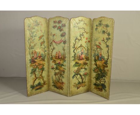 A 19TH CENTURY PAINTED CANVAS FOUR FOLD SCREEN, the top of serpentine form, metal studded along the edge, decorated with Chin