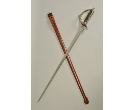 A 20TH CENTURY BRITISH OFFICERS CAVALRY SWORD AND BROWN LEATHER SCABBARD, blade is marked Made in England and Proved, no make