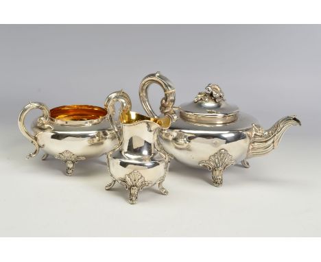 AN EARLY VICTORIAN OLD SHEFFIELD PLATE TEA SERVICE, of flattened circular form, gilt interiors, engraved initial 'W', foliate