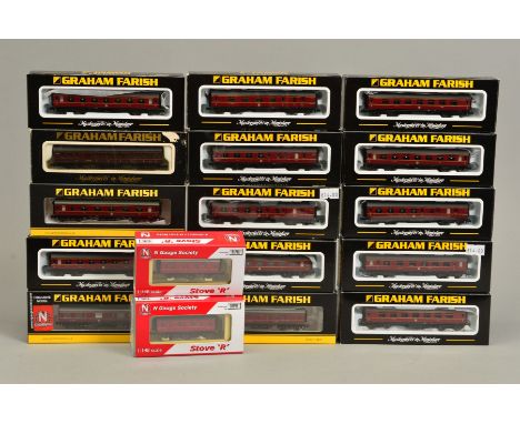 A QUANTITY OF ASSORTED BOXED N GAUGE L.M.S. COACHING STOCK, majority are assorted Graham Farish by Bachmann Stanier items, al