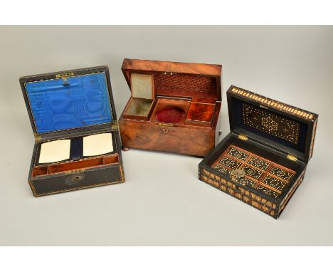 A VICTORIAN LEATHER BOUND WRITING SLOPE, central gilt handle to the hinged lid, the fitted interior with silk slope, width 30