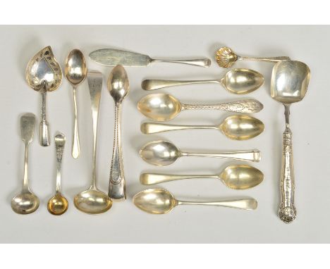 A PARCEL OF SILVER FLATWARE AND CUTLERY, including a George III caddy spoon with leaf shaped bowl, engraved decoration, maker
