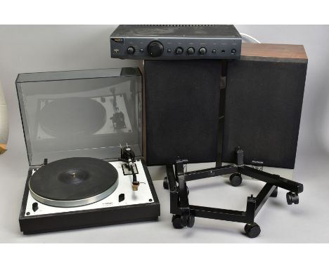A THORENS TD166 MK2 VINTAGE TURNTABLE, fitted with a Nagaoka MP11 gold cartridge, an Arcam Alpha 7 Amplifier, a pair of speak