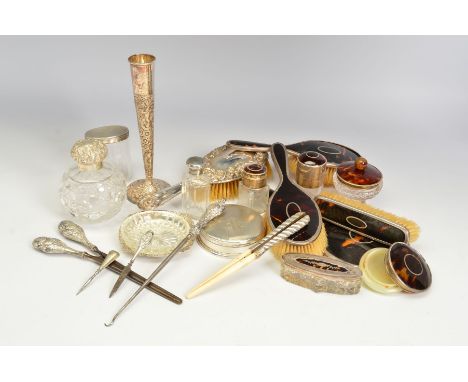 A PARCEL OF DRESSING TABLE SILVER, including a George V part set tortoiseshell mounted, Birmingham 1923 and other tortoiseshe