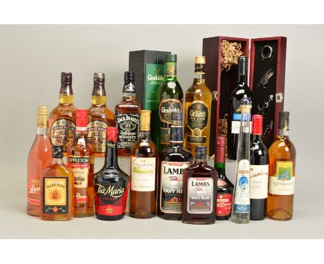 A COLLECTION OF WHISKY, WINE, RUM AND SPIRITS, comprising a bottle of Glenfiddich 12 Year Old Single Malt Scotch Whisky, fill