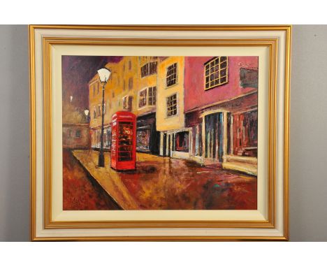 TIMMY MALLET (BRITISH CONTEMPORARY), 'Night Time Phonebox', a townscape of colourful houses and a phonebox illuminated by a s