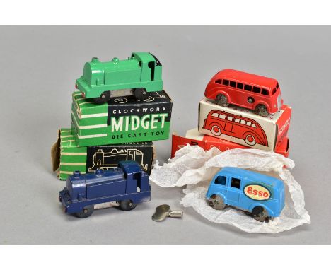 FOUR BOXED CHAD VALLEY MIDGET CLOCKWORK DIECAST VEHICLES, Coach in red, Esso Van in blue (with key) and two locomotives, one 