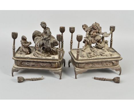 A PAIR OF LATE 19TH CENTURY JAPANESE FIGURAL BRONZE FOUR BRANCH CANDLEHOLDERS, both of rectangular form with foliate sconces 