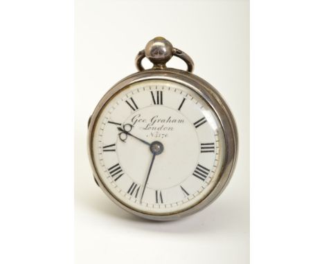 A SILVER OPEN FACED POCKET WATCH, the enamel dial named Geo. Graham London No.5170, movement with square baluster pillars, th