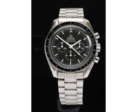 AN OMEGA SPEEDMASTER PROFESSIONAL MOON WATCH, black chronograph dial with white hands and baton markers, black tachymeter bez