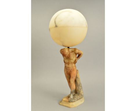 G. MASCONGNI (G. MASCAGNI), a late 19th Century alabaster table lamp, with two section spherical shade supported on a figure 
