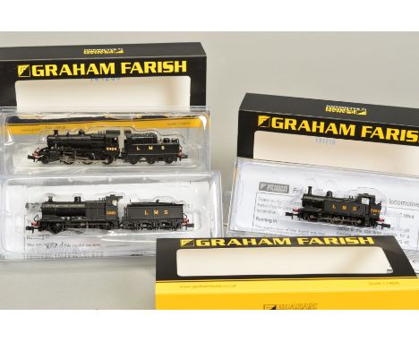THREE BOXED GRAHAM FARISH BY BACHMANN N GAUGE L.M.S. LOCOMOTIVES, Ivatt Class 2MT, No.6404 (372-627), Fowler Class 4F, No.385