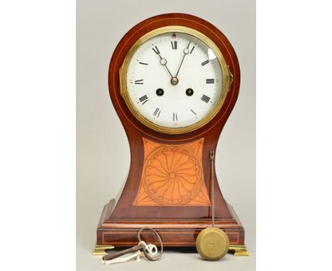 A LATE 19TH CENTURY MAHOGANY AND SATINWOOD INLAID BALLOON SHAPED MANTEL CLOCK, the circular enamel dial with black Roman nume