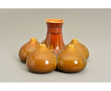 CHRISTOPHER DRESSER FOR LINTHORPE POTTERY, a five lobed bottle vase surrounding a central conical vase, in streaked brown and