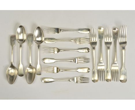 A MATCHED SET OF GEORGE III TO VICTORIAN FIDDLE PATTERN FLATWARE, all engraved with initial 'K', various makers and dates inc