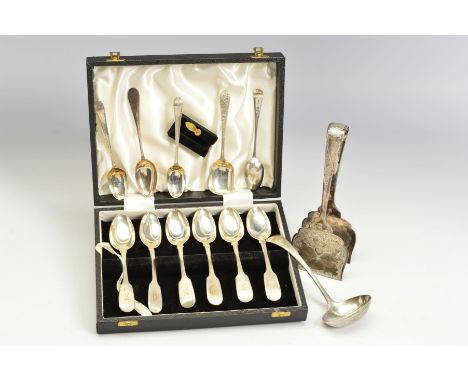 A PARCEL OF GEORGIAN AND LATER FLATWARE, including a set of six Victorian Fiddle pattern teaspoons, initialled 'D', makers Sa