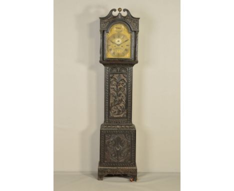 A GEORGE III AND LATER CARVED DARK STAINED OAK LONGCASE CLOCK, broken swan neck pediment above arch on Corinthian columns, br