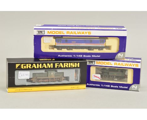 THREE BOXED N GAUGE LOCOMOTIVES, comprising Dapol Class 14XX tank locomotive, No.1462, B.R. green livery (ND-016), Class 73 e