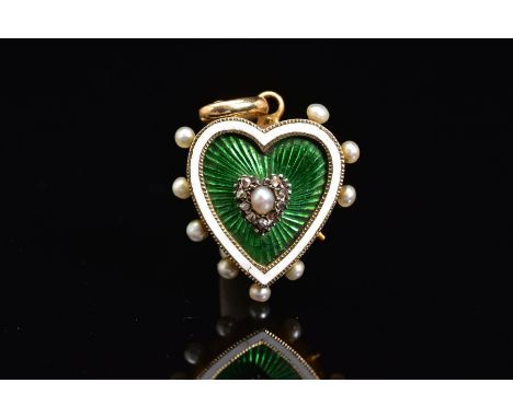 A LATE VICTORIAN ENAMEL, PEARL AND DIAMOND MEMORIAL HEART PENDANT, designed as a central seed pearl within a heart shape old 