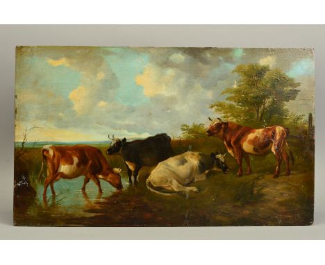 19TH CENTURY BRITISH SCHOOL, four cattle watering and grazing in a lowland landscape, oil on mahogany panel, indistinctly sig
