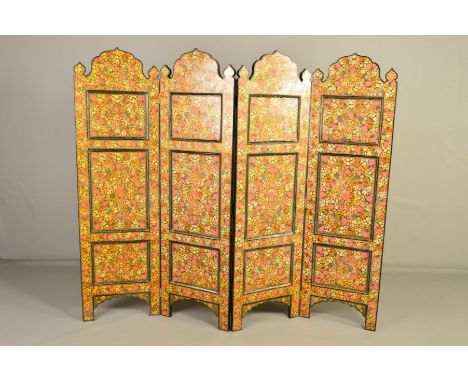 A 20TH CENTURY PAINTED PAPER LAID ON WOOD PERSIAN STYLE FOUR FOLD SCREEN, arched tops, foliate designs to both sides, each pa