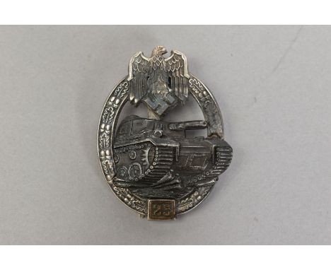 A GERMAN 3RD REICH SILVER AWARD PANZER ASSAULT BADGE, with the '25' engagements panels at the bottom, the badge has all the v