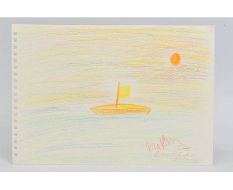 REGGIE KRAY (1933-2000), a crayon drawing of a sailing boat on the water, signed lower right, unframed, approximately 17.5cm 