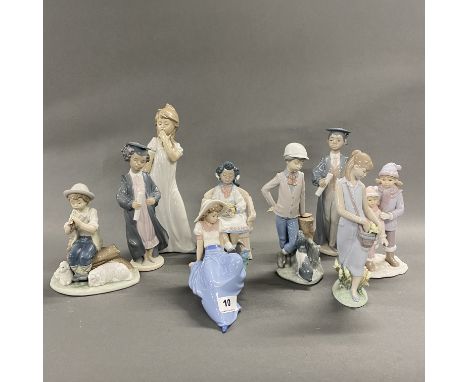 Four Lladro porcelain figurines, including two graduates. Together with four porcelain Nao figurines and a further Leonardo c