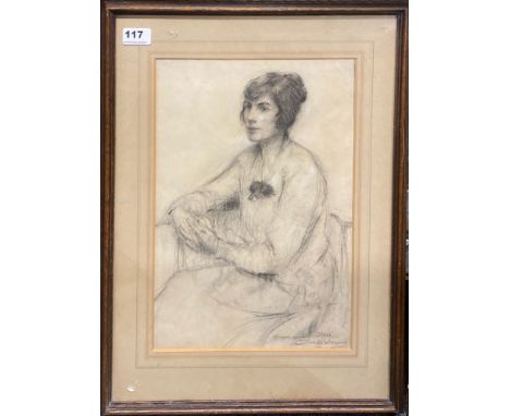A framed pencil sketch titled "Nona" by Borough Johnson, given as a wedding present. Frame size 56 x 43cm.