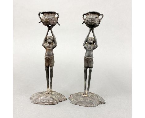 A pair of interesting 19thC Japanese bronze figures, H. 24cm.