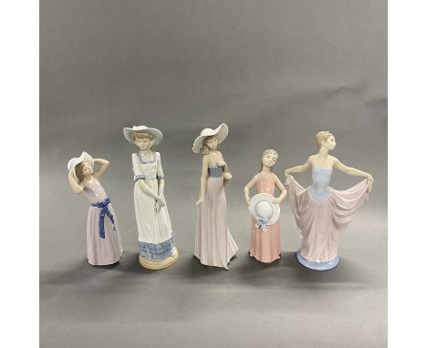 Three porcelain Lladro figurines of young women, together with two porcelain Nao figurines, Tallest H. 32cm. Most with boxes.