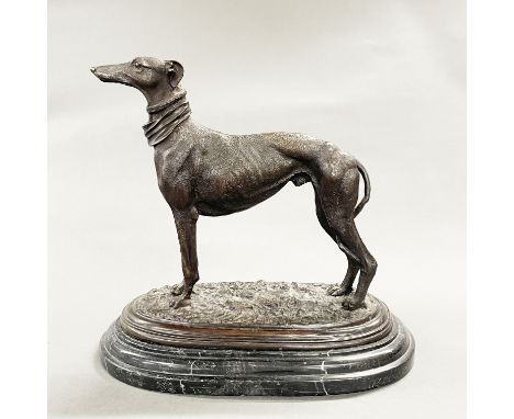 A bronze figure of a greyhound on a marble base after Mene, H. 28.5cm.