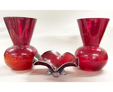A pair of ruby glass vases, together with a ruby glass bowl, H. of vase 37cm.