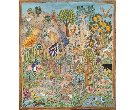 A large hand made animal tapestry rug, 76 x 76cm.