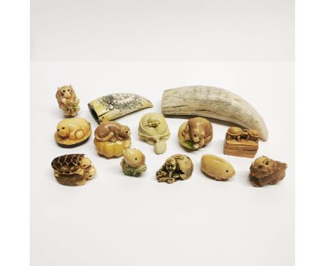 A group of mixed netsukes and other carved composition figures, together with two horn style items with carved etching of boa
