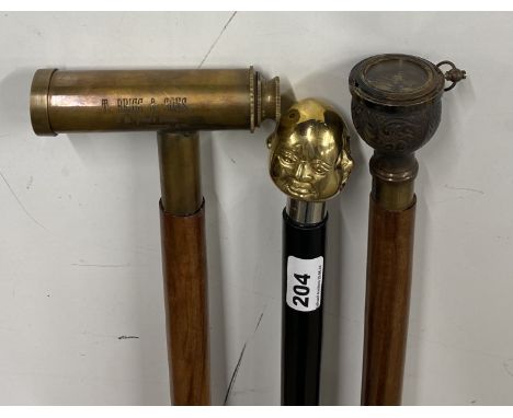 A group of three interesting walking sticks, including telescope and compass.