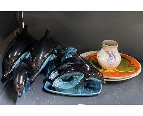 A quantity of Poole pottery items and a quantity of Art Deco and other pottery, tallest 25cm.