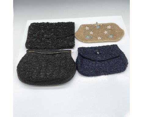 Lovely, beaded bags with button, twist and clasp closures. Lot includes black beaded bag with flap clasp closure (8.25"L x 1"