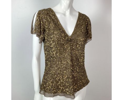 A stunning double-layered silk evening top in rich brown bronze, embellished with sequins and beads. Size: PL (Petite Large.)