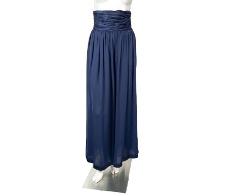 Original vintage Lianca dark blue evening bodysuit with strapless pleated bodice and extra wide flowy pants that end with sat